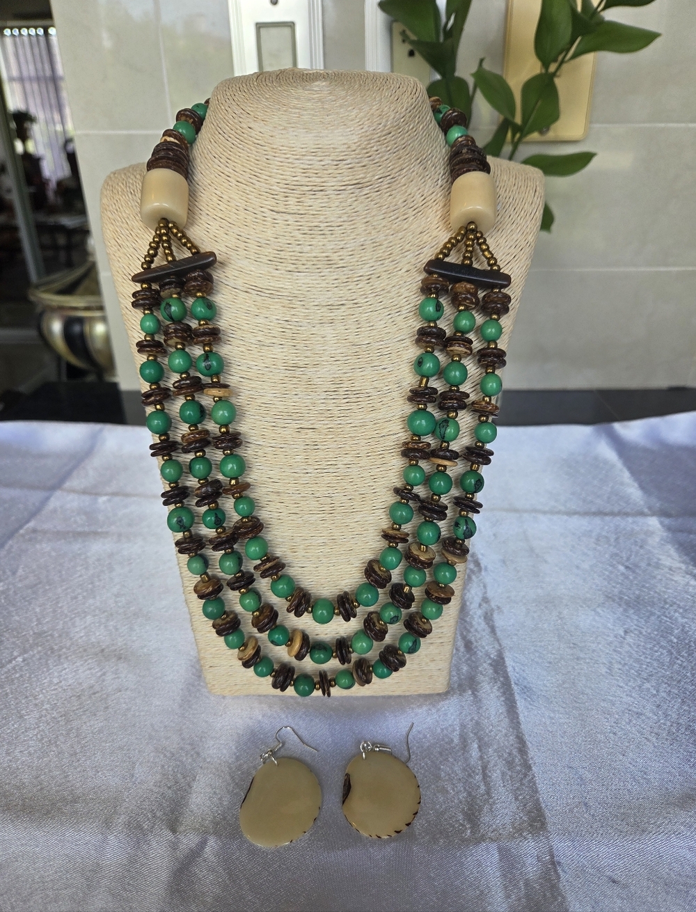 Organic Tagua Nut MultiStrand Necklace Set, Green Brown,  Earrings, Handmade